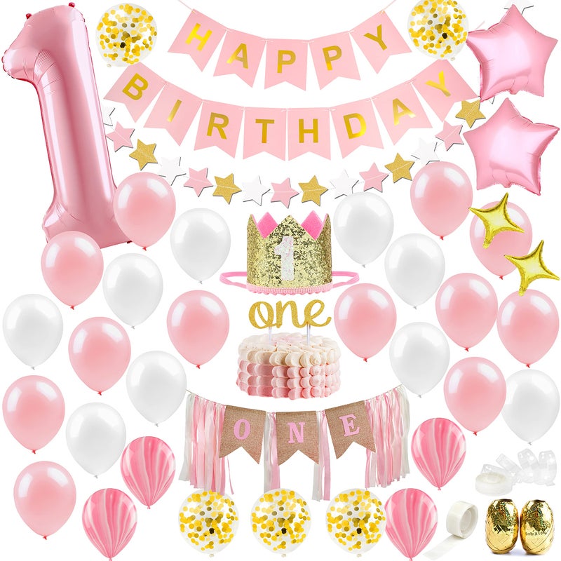 PartyHooman First Birthday Decorations for Girl | 1st Baby Girl Number 1 Balloon, Happy Birthday Banner, â€œOneâ€ Cake Topper, Star Garland, Marble Pink, Gold Confetti, Heart Balloons, Paper Tassels | PartyHooman - Image 1
